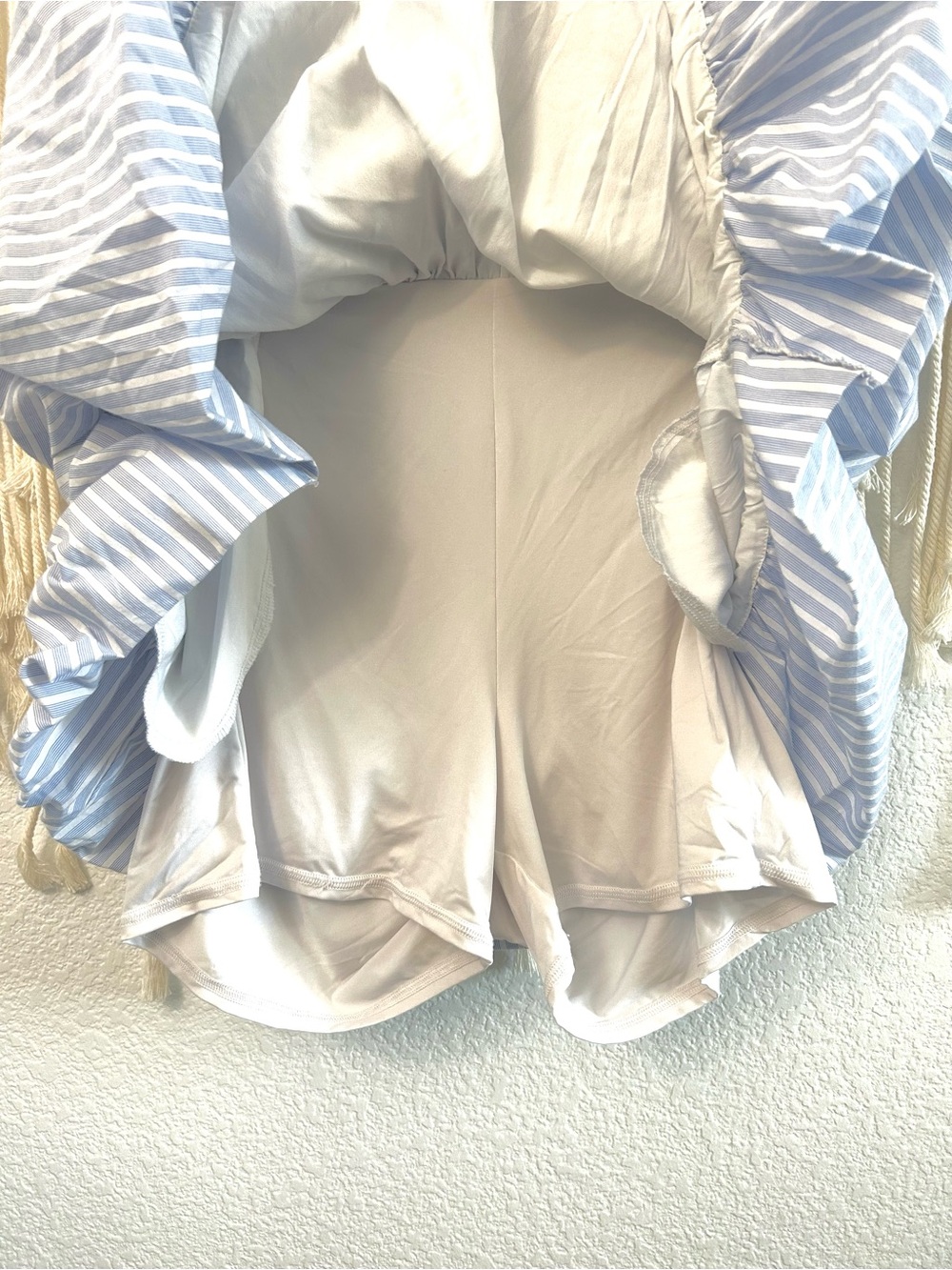 Hollister Blue Stripe Strapless Bubble Hem Romper Dress Smocked Built-In Shorts - Picture 6 of 13